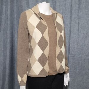 CASHMERE CARDIGAN SWEATER Argyle Pattern with Zip Closure in Cream/Tan Size S